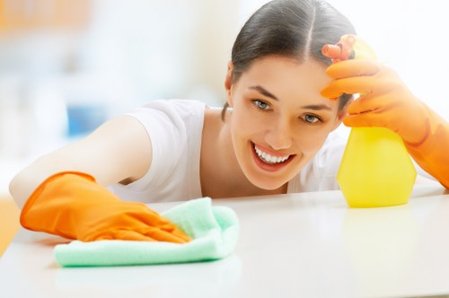 Carpet cleaning professional inspecting a room for safety hazards